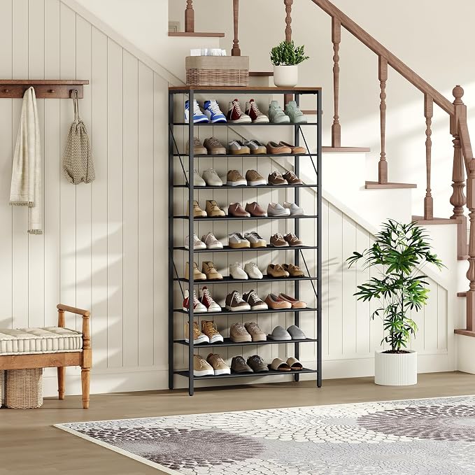 MAHANCRIS 10 Tier Shoe Rack Organizer for Closet, Holds 36-40 Pairs, Tall Metal Shoe Storage Shelf for Dorm, Entryway, Sturdy Freestanding Shoe Rack Space Saving, Large Capacity, Rustic Brown