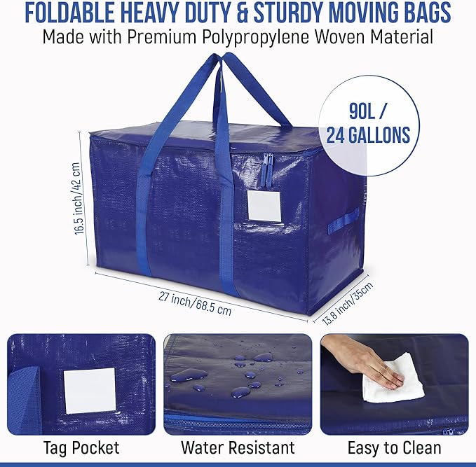 Heavy Duty Moving Bags 6 Pack, 90L Extra Large Storage Bags with Zipper & Handles, Waterproof Moving Box Alternative, Reusable Storage Bins for Clothes, Bedding, Dorm & Moving Supplies