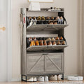 Wodeer Shoe Cabinet Storage for Entryway, Shoe Storage Cabinet with 3 Flip Drawers, Freestanding Narrow Shoe Rack Organizer with Metal Legs & Side Hook for Foyer, Hallway, Grey