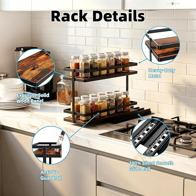 Pull Out Spice Rack 2-Tier Metal & Wood Seasoning Organizer | No-Drill Install | Full-Extension Silent Glide | Each Tier Holds 10–12 Standard Spice Bottles | Rustproof, Wipe-Clean Surface