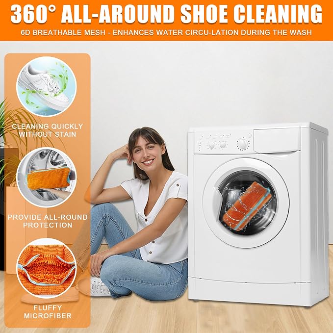 Shoe Washing Machine Bag, 2 Pack Shoe Laundry Bags for Washer and Dryer, Reusable Sneaker Wash Bag with Self-Locking Zipper, 360° Deep Cleaning, Protects Shoes and Washer(Orange)