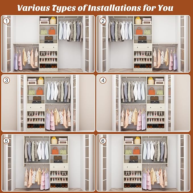 Closet System with Drawer - Reversible 5FT Wood Closet Organizer System with 2 Hanging Rods and Adjustable Shelf, Walk In Closet Organizers with Shoe Rack, Built-In Garment Rack, White Oak