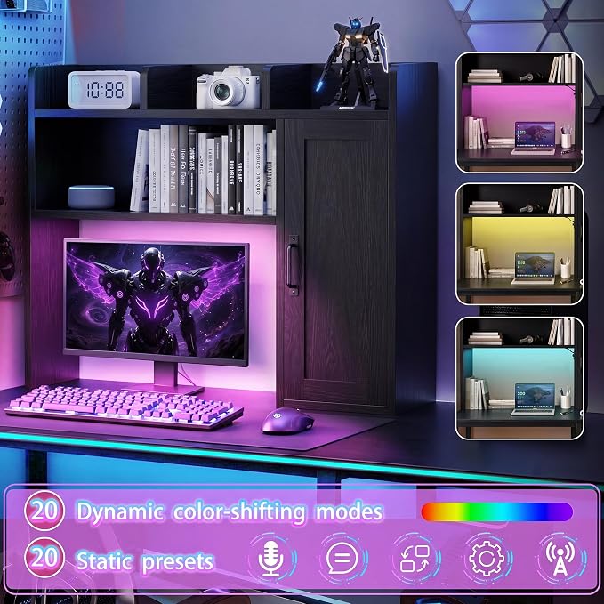 Desktop Storage Shelf, 37.4" Computer Desk Organizer 3-Tier Wood Desktop Storage Shelf Desk Hutch Dorm with RGB LED Light & Power Outlets for PC Gamers, Office, College Dorm Must Haves-Black