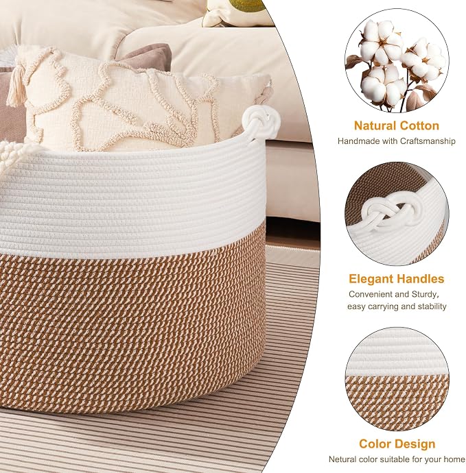 OIASKET XXL Large Blanket Storage Basket for Living Room, 105L Woven Cotton Rope Basket with Handles, Baby Toy Storage, Laundry Hamper for Clothes, Pillows, Towels-Yellow and White