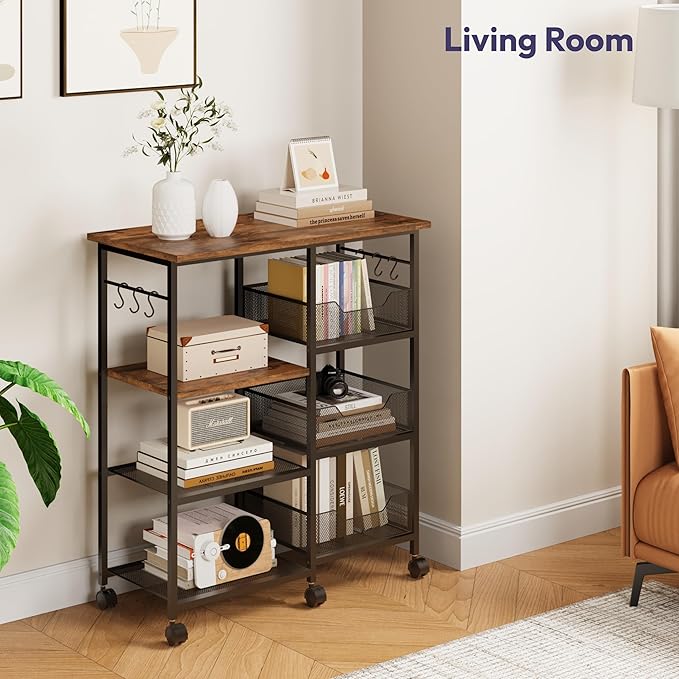 SWTYMIKI Kitchen Island Cart on Wheels - 28.35x14.57in Rolling Kitchen Table Cart with Storage Shelves, 6 Removable Hooks& Locking Casters, Coffee Bar Cabinet for Dining Room Pantry Office, Espresso