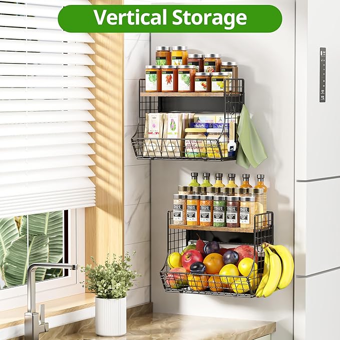 Magnetic Shelf for Fridge with Wood Lid, Fruit Potato and Onion Storage Bins, Pantry Organizers and Storage, Strong Magnetic Spice Rack for Refrigerator, Kitchen Counter and Laundry Room (X-Large)