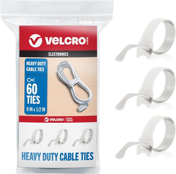 VELCRO Brand White Cable Ties Heavy Duty | 60Pc Bulk Pack | 8 x 1/2" ONE-WRAP Straps | Strong Reusable Wire Management | Cord Bundling for Home Office and Data Centers (Packaging May Vary)