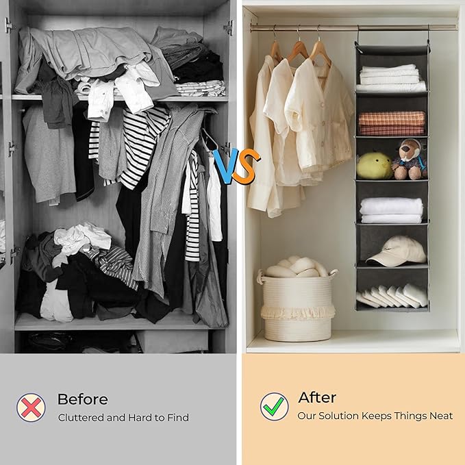 MAX Houser 6 Tier Shelf Hanging Closet Organizer, Closet Hanging Shelf with 2 Sturdy Hooks for Storage,2 Pack, Foldable (Grey)