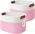 ECDYQXVU 15x10x9 Woven Cotton Rope Storage Basket, Leather Handles 2 Pack | Foldable Design, Sturdy PU Handles, Easy to Clean Organizer for Living Room, Closet, Shelves, Bedroom, Laundry, Clothes