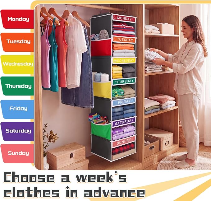 Amylove 2 Pcs 7 Shelf Weekly Clothes Organizer for Kids Hanging Closet Organizer 11. 8 x 11. 8 x 50 Inch Daily Activity Kids Clothes Storage Drawers Cube Drawers Closet Hanging Shelves (Grey)