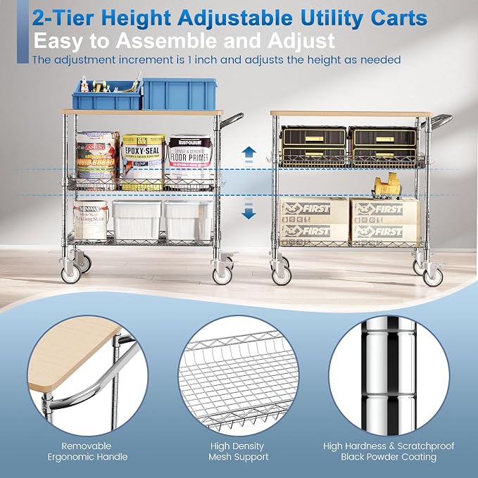 Rolling Kitchen Carts with Wheels, 3-Tier Utility Cart with Wood Tabletop | NSF Commercial Metal Serving Cart with Handle and Shelf Liner for Kitchen Snacks, 34"D x 17.5"W x 32.5"H,Chrome