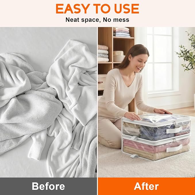 5 Pack Clear Storage Bags with Zipper Handles, Sheet Organizers and Storage | PVC Blanket Storage Bags, Foldable Under Bed Organizer for Baby Clothes Shoes Sweater Toy Bedding Sheet, 15.7x13.8x3.9’’