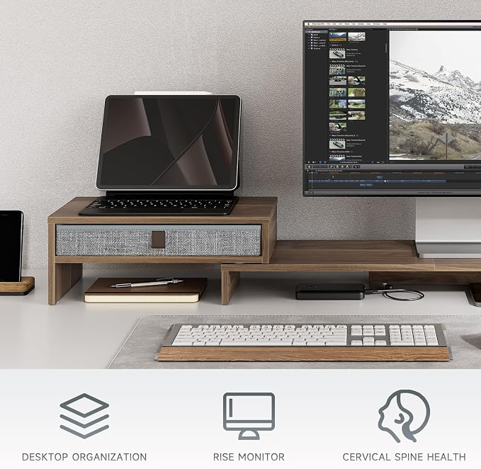 Fenge Triple Monitor Stand with Srorage Drawer, Adjustable Length and Angle | Computer Monitor Riser for 2 or 3 Monitors, Wooden Desktop Laptop Stand, Office Organizer for PC, Screen, Tablet, Brown