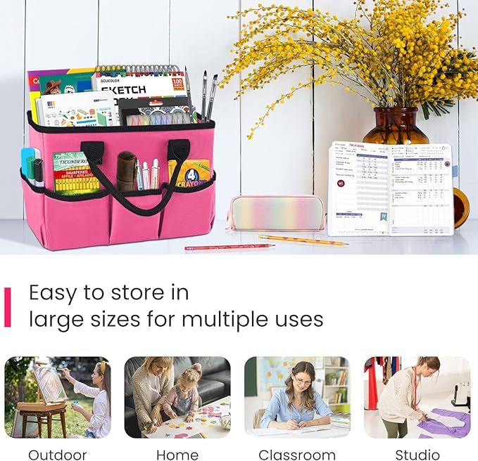 Desktop Tote and Organizer, Teacher Helper Caddy Bag for Arts, Books, Stationery, Office Desk Organization, Make-up Storage with Handles for Travel, Pink