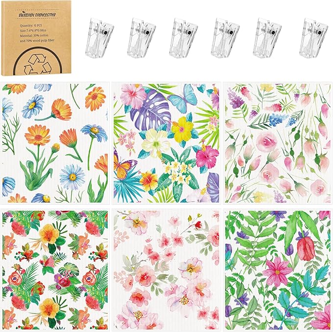Needbrock 6 Pack Spring Floral Swedish Dishcloths for Kitchen, Swedish Rag Absorbent Dish Towel with Adhesive Clips, Reusable Paper Towels No Odor for Countertop Dishes Cleaning Kitchen