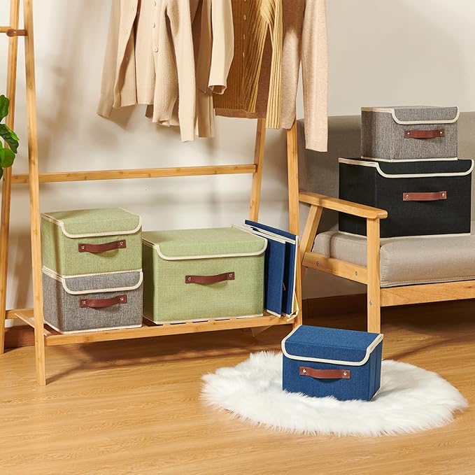 Storage Boxes with Lid Cotton Linen Fabric Storage Bins Organizer Container Decorative Collapsible Washable Shelf Baskets Faux Leather Handles for Home Bedroom Closet (Black, Large Size)