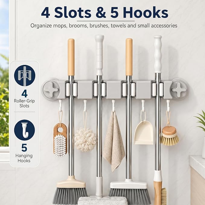 Mop and Broom Holder Wall Mount, No Drill Suction Cup Broom Organizer with 4 Slots & 5 Hooks, Removable Cleaning Tool Holder for Bathroom, Laundry Room, RV Camper