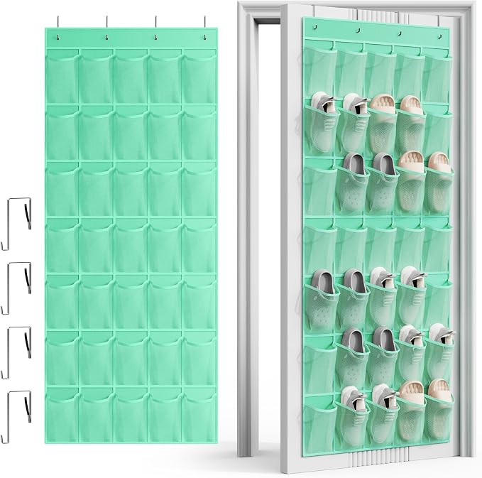 WVM Over the Door Shoe Organizer with 35 Breathable Mesh Pockets, Hanging Shoe Organizer for Door with 4 Metal Hooks, Large Capacity Closet Storage for Shoes, Accessories
