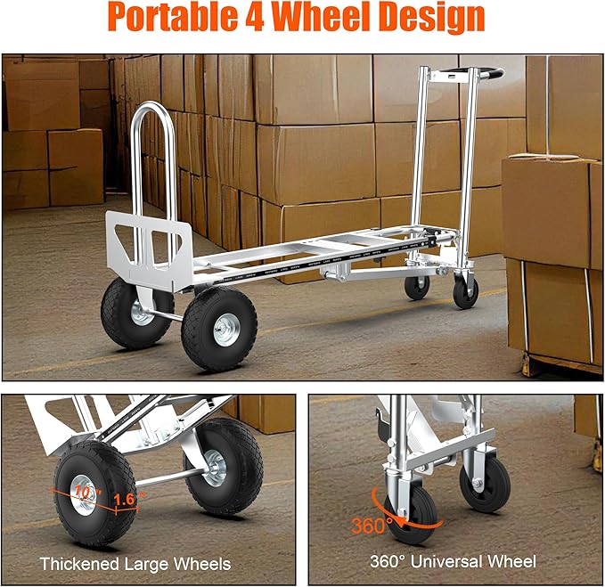 3in1 Convertible Hand Truck Dolly Cart, 880 lb Aluminum Hand Trucks Heavy Duty Furniture Appliance Dolly W/10 Wheels,Utility Shopping Cart for Transport & Moving Office, Home & Warehouse Use (Silver)