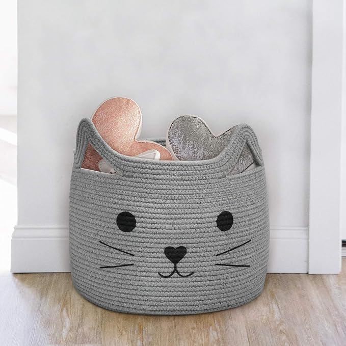 Large Woven Cotton Rope Storage Basket, Baby Laundry Basket Organizer for Towels, Blanket, Toys, Clothes, Gifts | Pet Gift Baskets for Cat, Dog - 15.7" L×11.8" H, Gray