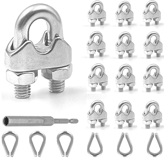 12 Pcs M6 Cable Clamps,Wire Rope Clamp,6Pcs 1/4" Thimble