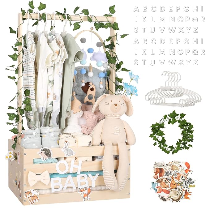 Large Baby Shower Gifts Basket Wooden Crate, Personalized Wooden Letters Hangers New Born Baby Girl Boy Pregnancy Gifts for New Mom Parents Vine Decorations Cute Closet with Adjustable Handle