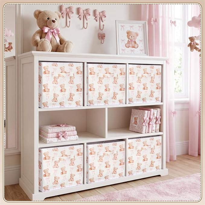 Geelin 6 Pcs Pink Bow Teddy Bear Cube Storage Bins 11 Inch Storage Basket with Handle, Preppy Girls Organizer Basket, Collapsible Fabric Box for Classroom Bedrooms Office Home Decoration Gift