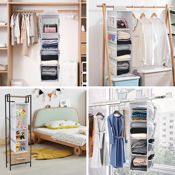 PetsHome 4-Shelf Hanging Closet Organizer, Space Saver, Closet Hanging Storage Shelves with Mesh Pockets & Magic Tap for Storage, Foldable-Grey