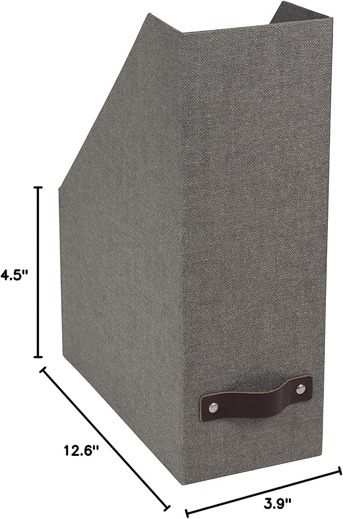 Bigso Box of Sweden Estelle Canvas Fiberboard Upright Magazine Storage Box Organizer for Papers & Catalogs w/Leather Handle | Magazine File Holder for Office Desks | 12.6" x 4.5" x 9.8" | Gray