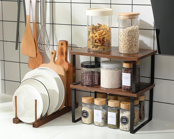Marsui 4 Pcs Kitchen Organizer Accessories Set for Cabinet,Deep Color | Cabinet Organizer Shelves, Bamboo Dish Drying Plate Rack, Wooden Counter Storage Holder, for Spice Dish Pot Lid Bowl Cup