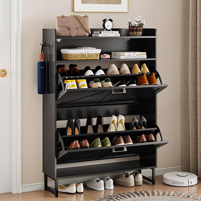 Wodeer Shoe Storage Cabinet with 2 Flip Drawers, Narrow Wood Shoe Cabinet Storage for Entryway with Metal Legs & Hooks, Adjustable Shelves, Freestanding Shoe Rack Organizer for Foyer, Hallway, Black
