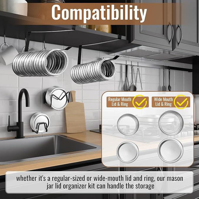Dreyoo 4 Pcs Mason Jar Lid Organizer, Canning Jar Lids & Rings Holder | Holds Up to 38 Lids and 34 Rings, Come With Adhesive-Backed,Easy to Slide-On Cabinet, Stainless Steel and Iron (Black)
