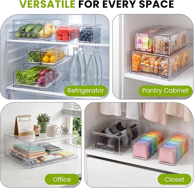 6Pack Fridge Organizers and Storage,Stackable Fridge Organizer Bins with Lids, 2 Pull Out Fridge Organizers and 4 Storage Container with Drain Tray for Fruits, Vegetables, Drinks, Snack and Food