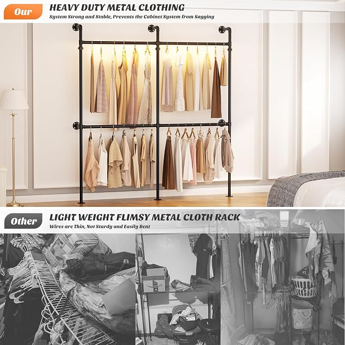 Aheaplus Industrial Pipe Clothing Rack, Reversible 6.75FT Clothes Rack for Hanging Clothes, Heavy Duty Garment Racks, Wall Mounted Closet Wardrobe Racks, Corner L Shaped Walk-in Closet System, Black