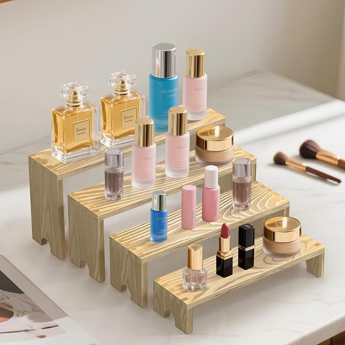 Large 2 Set wood tone Wooden Tiered Display Stands 4 Tier Stackable Pine Wood Display Risers, Suitable for Vendor Events, Cupcake Stands, cake stand Wooden Dessert Table Sets, Vendor Booth Displays,Cosmetic & Perfume Display Tools, Kitchen Spice Storag...