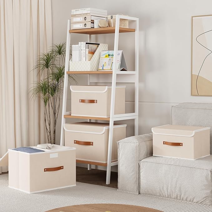 Yawinhe Collapsible Storage Boxes, Linen Fabric Baskets, Bin with lid and Leather Handle, Washable, for Home, Closet, Beige, 17.7''Lx11.8''Wx11.8''H, 3-Pack, USNK024BEX-3