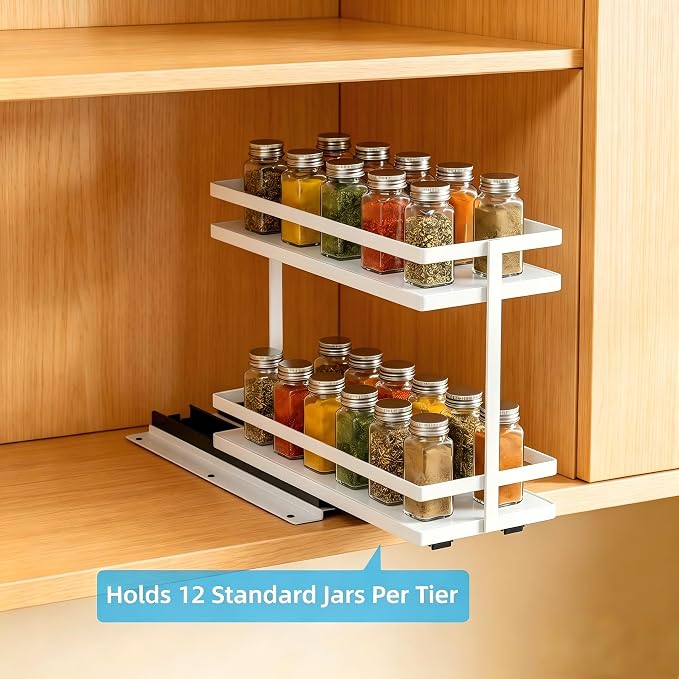 Pull Out Spice Rack 2-Tier Metal & Wood Seasoning Organizer White | No-Drill Install | Full-Extension Silent Glide | Each Tier Holds 10–12 Standard Spice Bottles | Rustproof, Wipe-Clean Surface