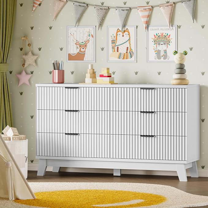 BORNOON 53" Long Dresser for Bedroom, 6-Drawer Dresser with Fluted Fronts, Wide Wood Chest of Drawers, Smooth Metal Slides, Stable Base, Modern Clothes Storage Cabinet for Living Room, Hallway