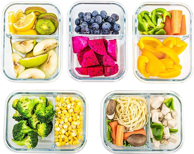 C CREST Glass Meal Prep Containers 2 Compartment Set, 5-Pack, 34oz | Glass Bento Boxes for Adults, Divided Glass Lunch Containers with Lids