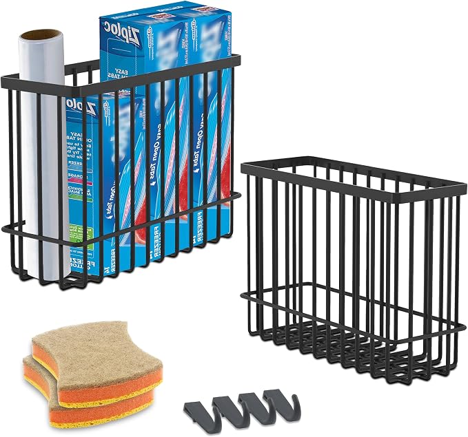 Wall Organizer Baskets, Lid Organizers Inside Cabinet with 2 Caddy Adhesive, Cabinet Door Organizer with 2 Sponges, 4 Hooks, Cabinet Door Storage for Foil Aluminum Roll, Black, 2 Pack (Small, Medium)