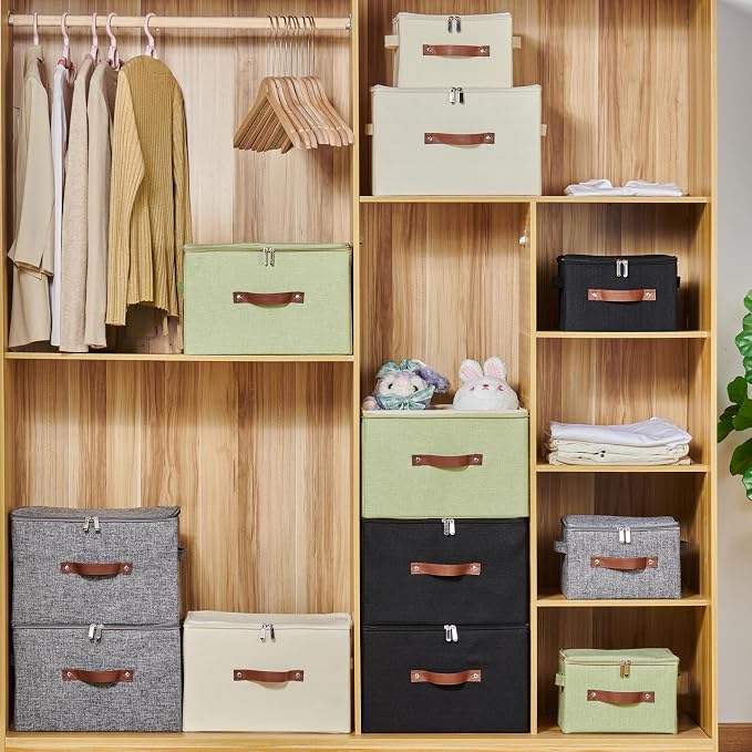 2 Pack Storage Bins with Zipper Lid Cotton Linen Fabric Lidded Storage Baskets Boxes Foldable Washable Closet Shelf Clothes Organizer Container with PU Leather Handles (Beige, Large Size)
