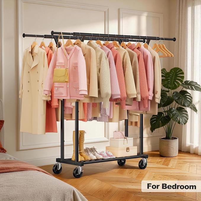 Heavy Duty Rolling Garment Rack, Double Rod Clothing Organizer, Black | Supports up to 500 lbs, extendable double hanging rod, lockable wheels, storage shelves for bedroom, laundry, and living room
