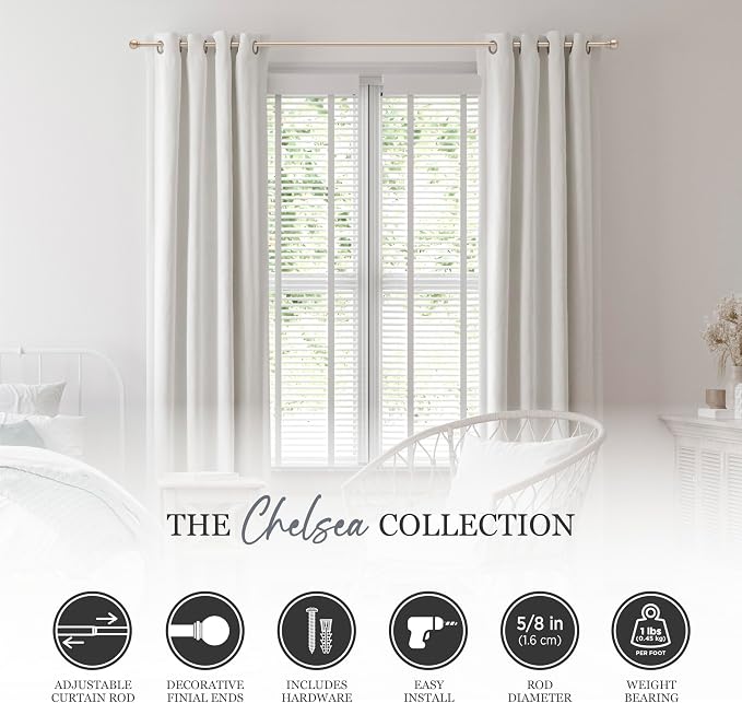 Kenney – Chelsea Curtain Rod, Durable 5/8" Steel Rod with Decorative Ball Ends, Adjustable 28–48" for Light to Medium Weight Curtains, Soft Brass Gold
