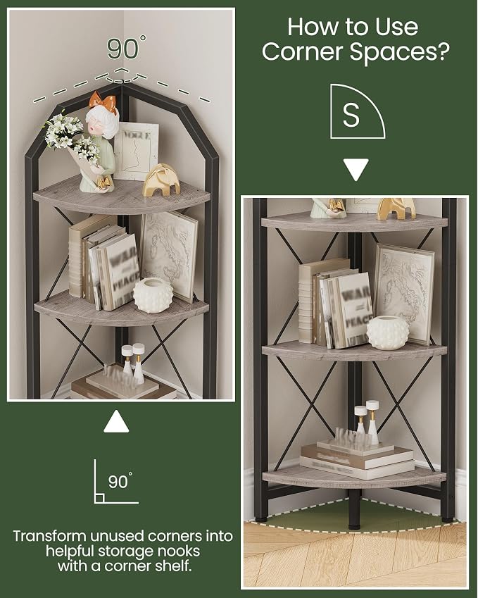 CHOEZON 3-Tier Corner Shelf, Industrial Corner Bookshelf, 35.4" Storage Stand, Plant Stand Display Shelf, Bookcase for Bedroom, Living Room, Home Office, Greige and Black TCJ03BG