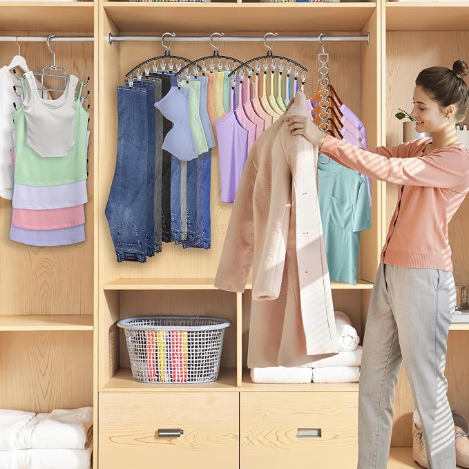 5Pcs Legging Organizer for Closet Tank Top Pant Hanger Space Saving | 3 Leggings Hangers with 30 Clips for Pants 1 Tank Top Hanger 1 Metal Magic Space Saving Hangers Closet Organizers and Storage
