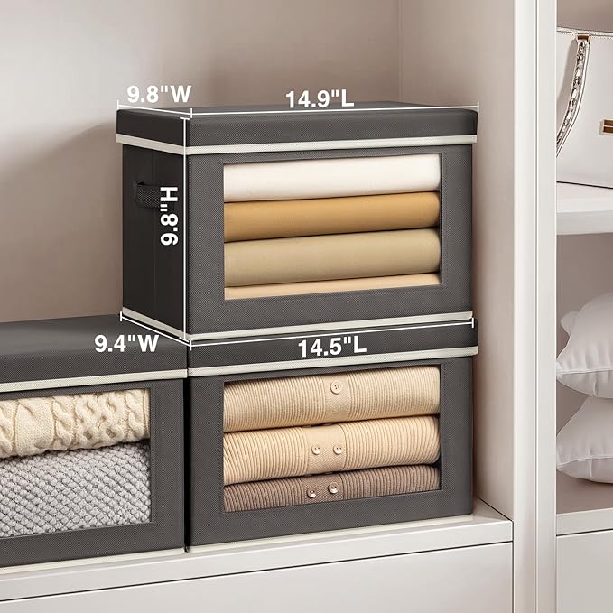 Homsorout Storage Bins with Lids - Fabric Storage Boxes with Lids, Collapsible Storage Bins with Window, Decorative Closet Organizers and Storage for Clothes, Towels, Books, 3 Pack, Dark Grey