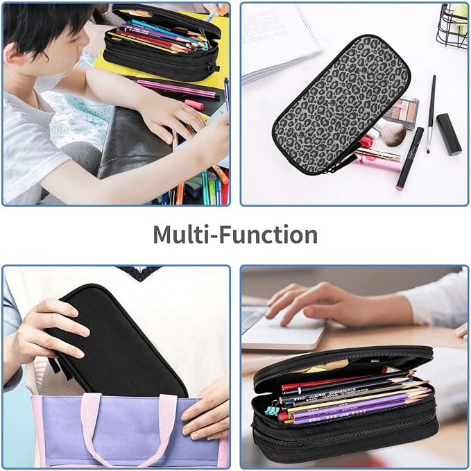 Perinsto Grey Leopard Print Pencil Case Big Capacity Multi Compartment Stationery Box Pencil Pouch Holder Desk Organizer For School Office Home