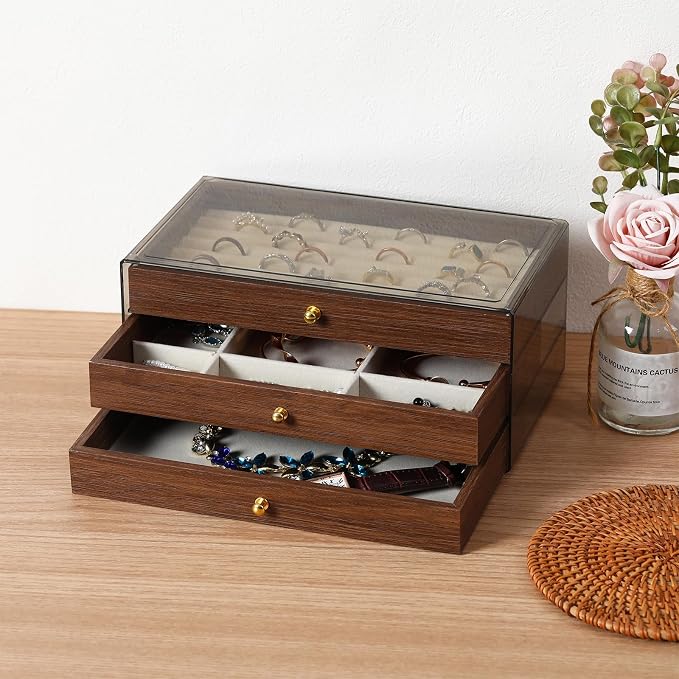 CLUQMEIK 3-layer Wooden Drawer Jewelry Organizers and Storage Box with Grey Acrylic Lid and Velvet Lining, Jewelry Box for Women and Girls to Store Rings Earrings Bracelets Necklaces