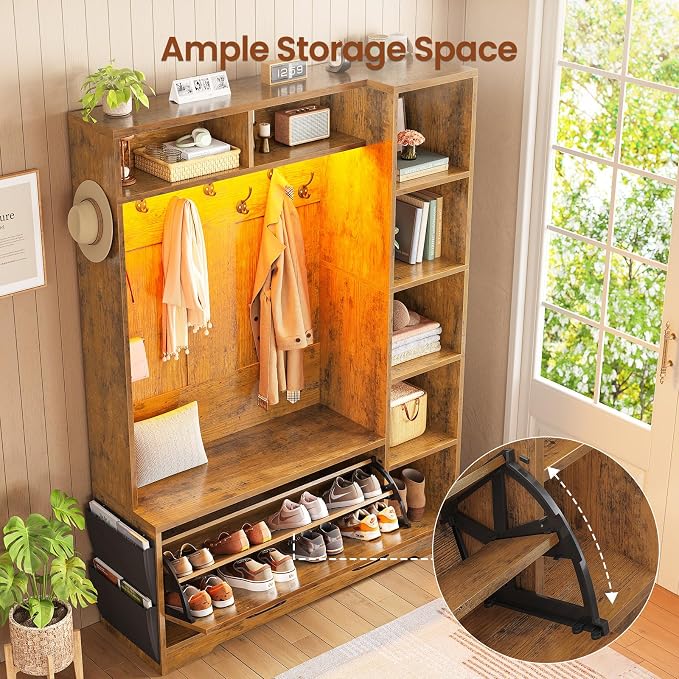 Itaar Hall Tree with Bench and Shoe Storage, Farmhouse Entryway Bench with Coat Rack, Shoe Cabinet with Flip Drawers, 7 Shelves, 10 Coat Hooks, Storage Bag, Led Lights, Rustic Brown