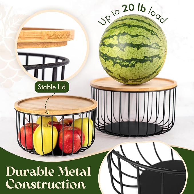 Fruit Basket for Kitchen Counter Set of 3 - Large Stackable Baskets with Bamboo Lid - Fruit Bowl, Perfect Holder For Fruits and Vegetable Storage -Keep Your Countertop Classy, Tidy and Slightly Fruity